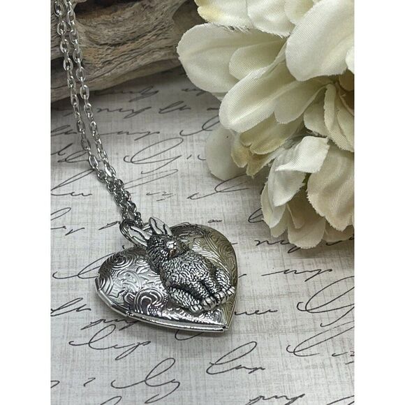 Heart SILVER BUNNY RABBIT Locket Necklace JEWELRY Pendant PHOTO Picture CAMEO - Picture 6 of 12